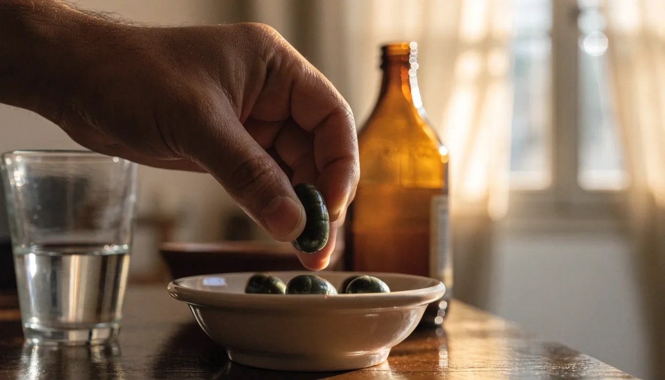 Dos cápsulas vegetales sobre una mesa de piedra gris bajo luz ámbar
