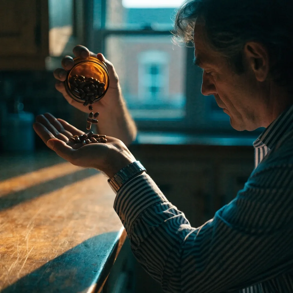 Hombre vertiendo cápsulas vegetales en la mano sobre la cocina al atardecer