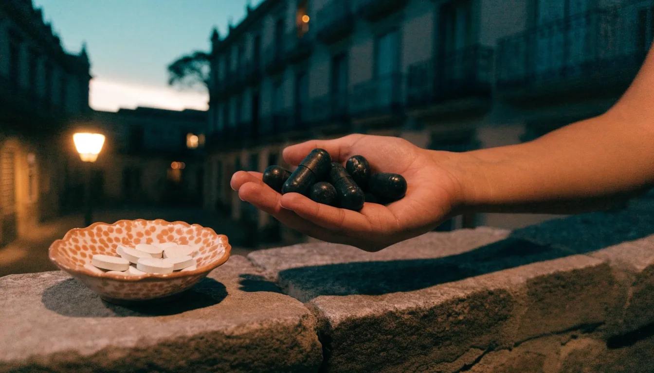 Mesa de piedra gris con frascos de suplemento y cápsulas vegetales oscuras bajo una luz ámbar tenue