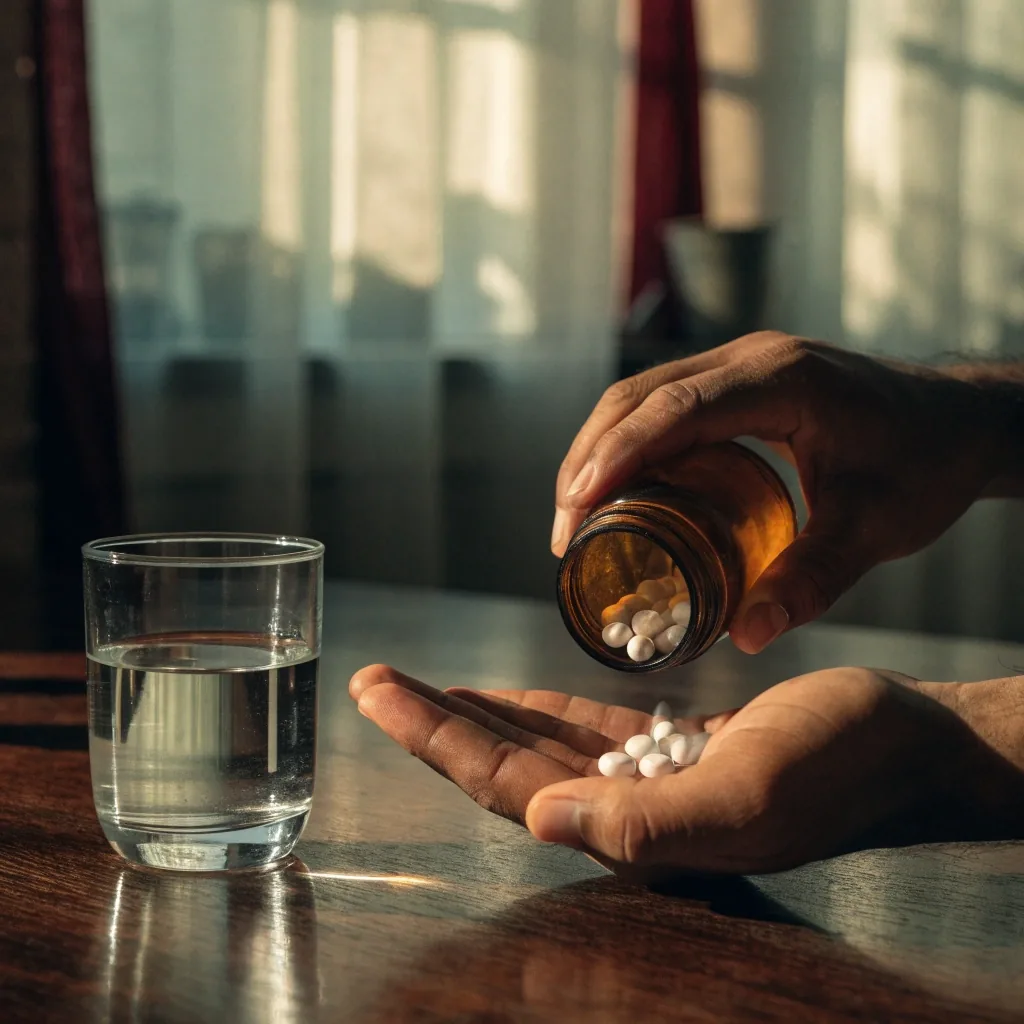 Manos abriendo un frasco de suplemento junto a un vaso de agua bajo luz ámbar