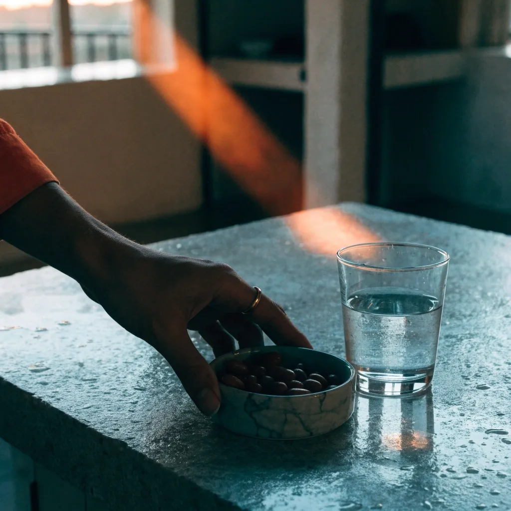 Cápsulas vegetales descendiendo bajo luz ámbar sobre piedra mojada con un vaso de agua al pie