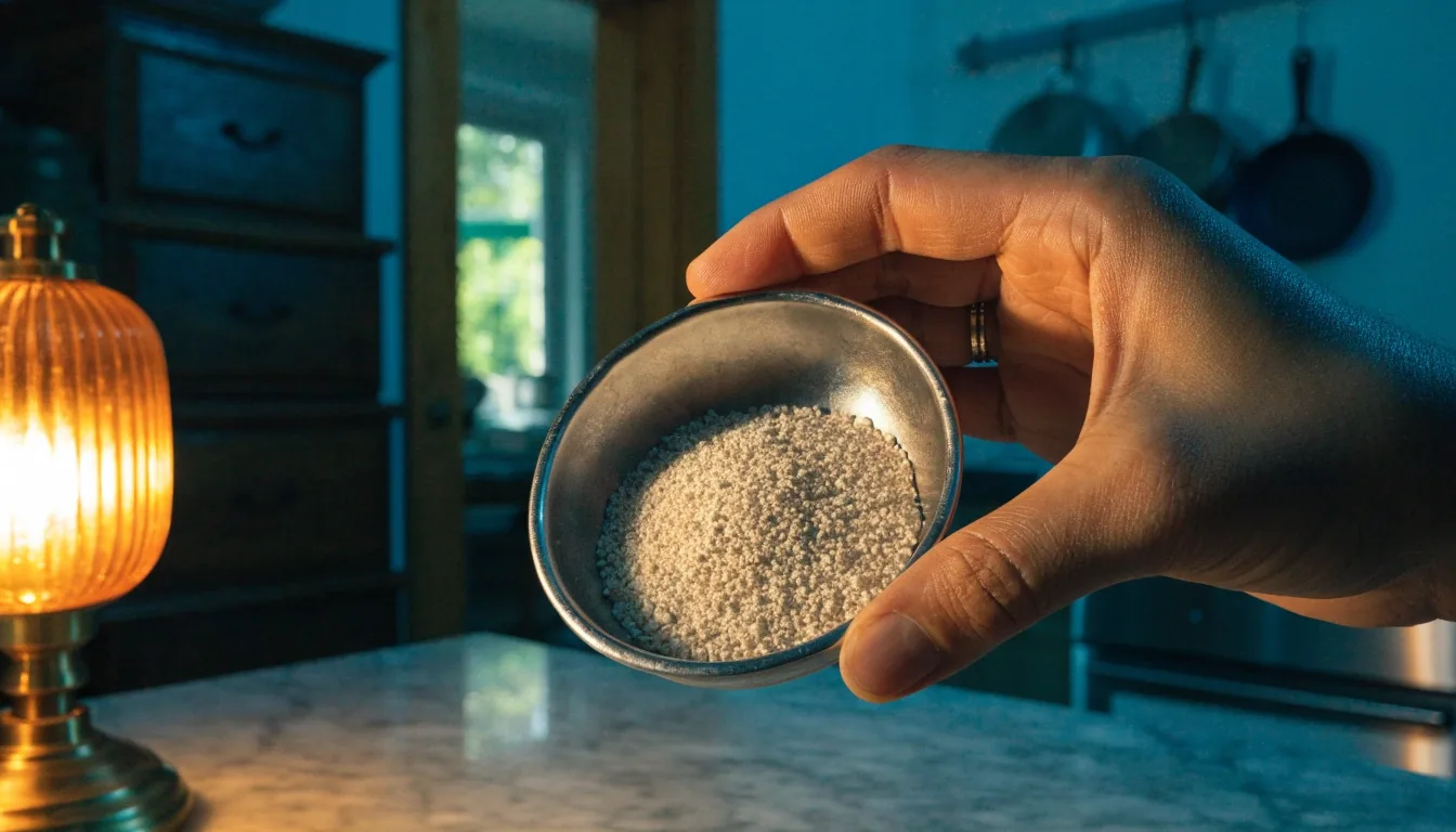 Cristales minerales de magnesio y zinc dispersos sobre mármol gris bajo una luz ámbar