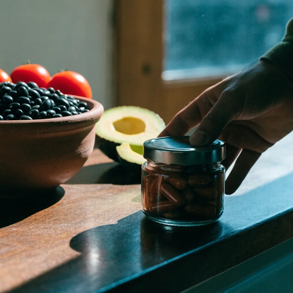 Mano masculina colocando un frasco de cápsulas vegetales sobre la barra de la cocina junto a frijol y jitomate
