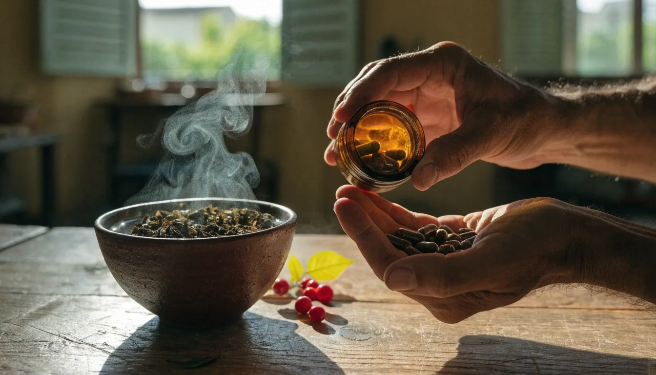Cápsulas vegetales oscuras cayendo bajo luz ámbar sobre piedra húmeda