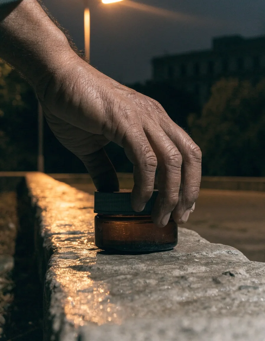 Mano masculina girando un frasco de suplemento sobre piedra mojada bajo luz ámbar