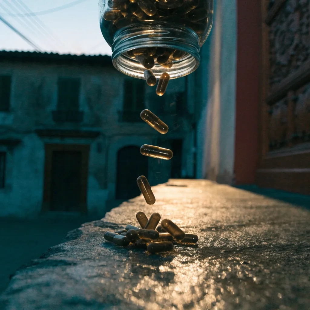 Cápsulas vegetales oscuras cayendo junto a piedra húmeda bajo luz ámbar