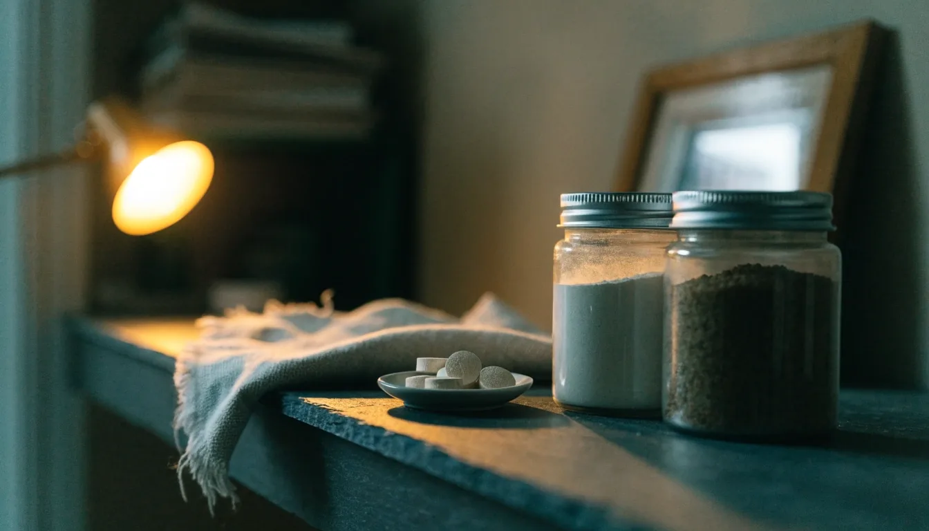 Cápsulas vegetales y frascos sin etiqueta sobre piedra húmeda bajo luz ámbar