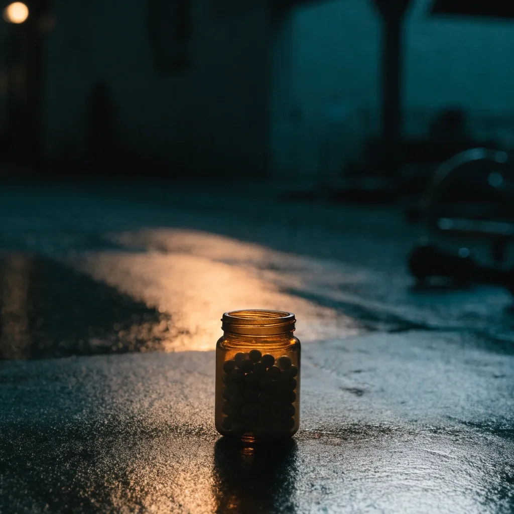 Frasco de suplemento sin etiqueta sobre piedra mojada con reflejo ámbar nocturno