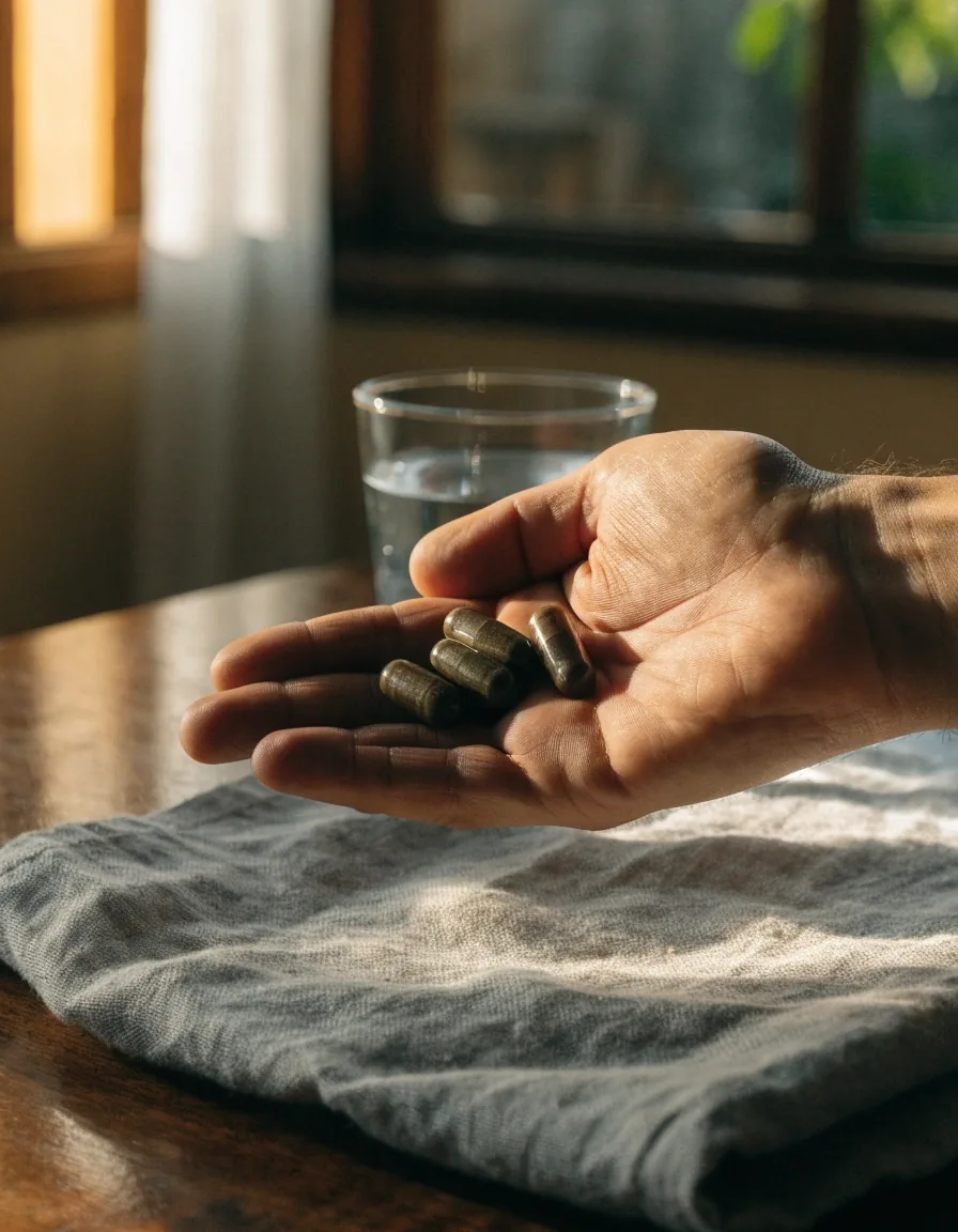 Manos masculinas sosteniendo cápsulas vegetales junto a un vaso de agua sobre piedra