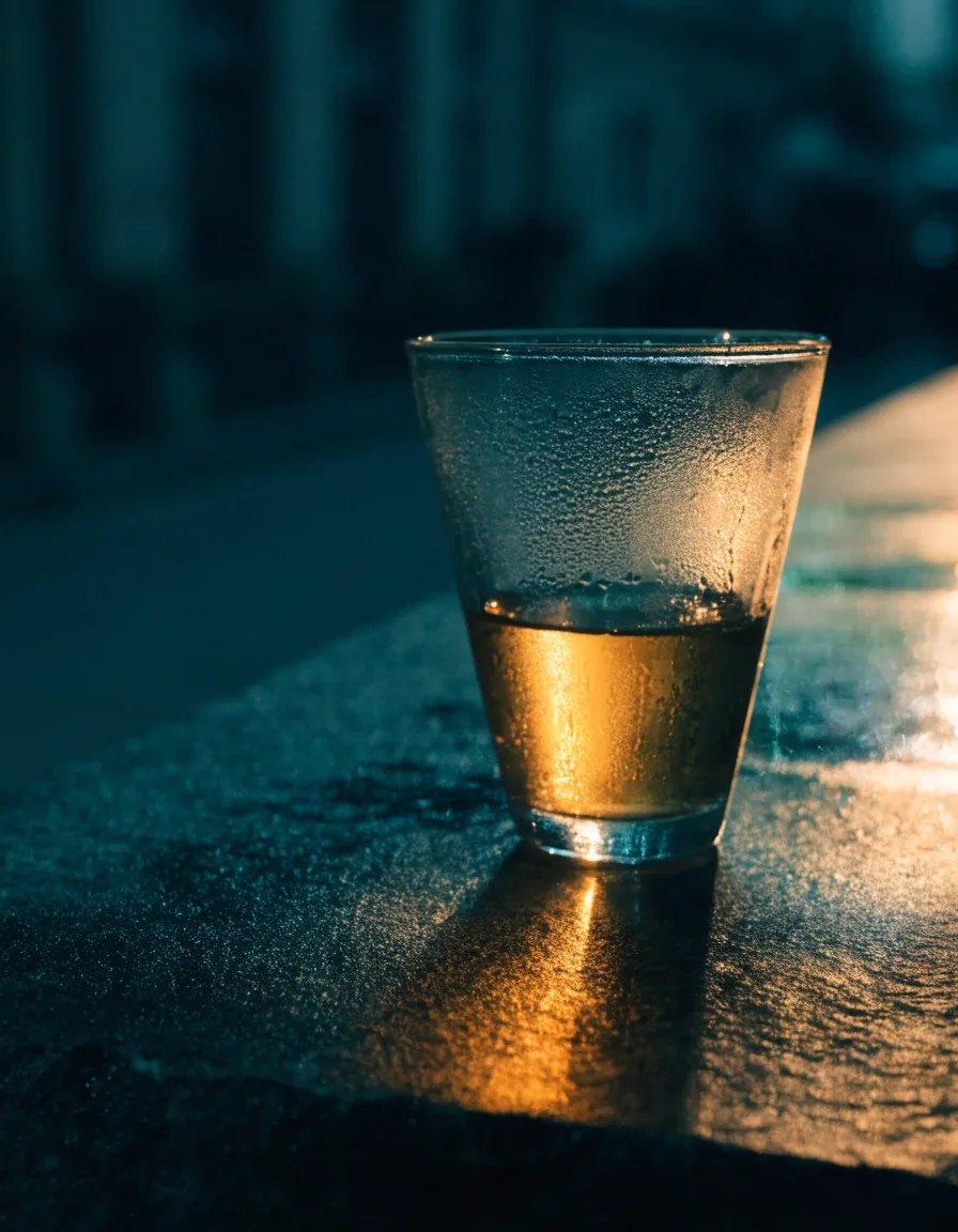 Vaso de agua vacío sobre una piedra oscura húmeda con luz ámbar