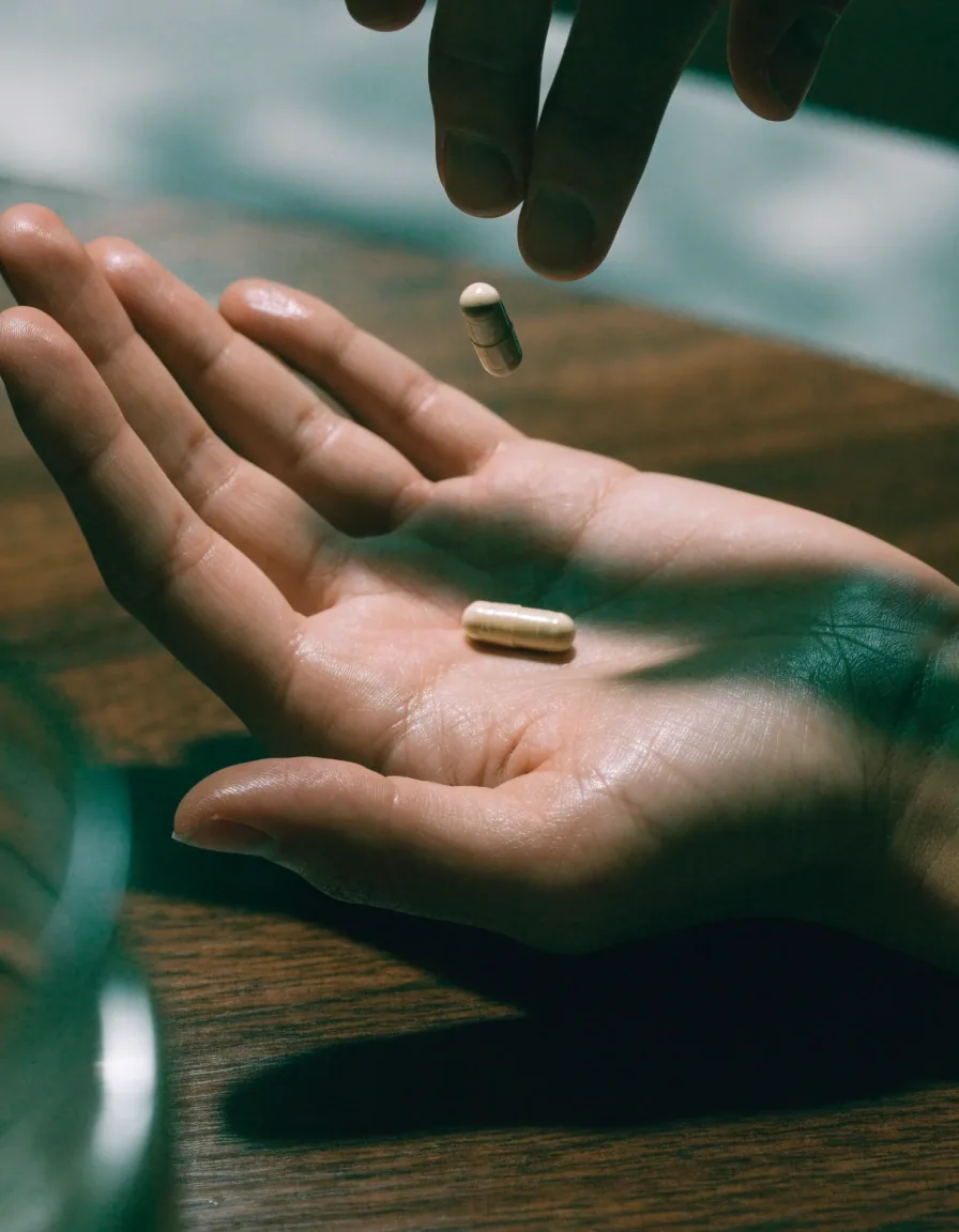 Mano masculina sosteniendo cápsulas vegetales oscuras contra luz ámbar de farola